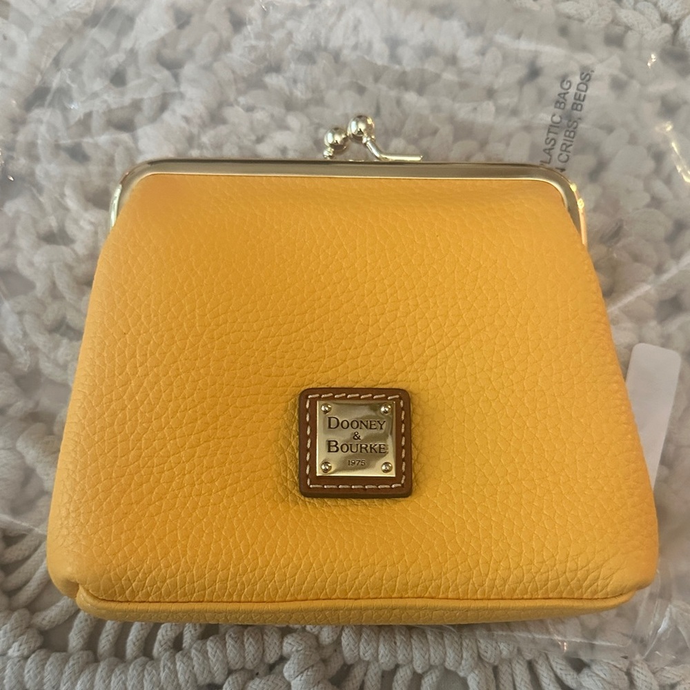 Dooney & Bourke Yellow Leather Kiss-Lock Coin Purse with Logo Plaque